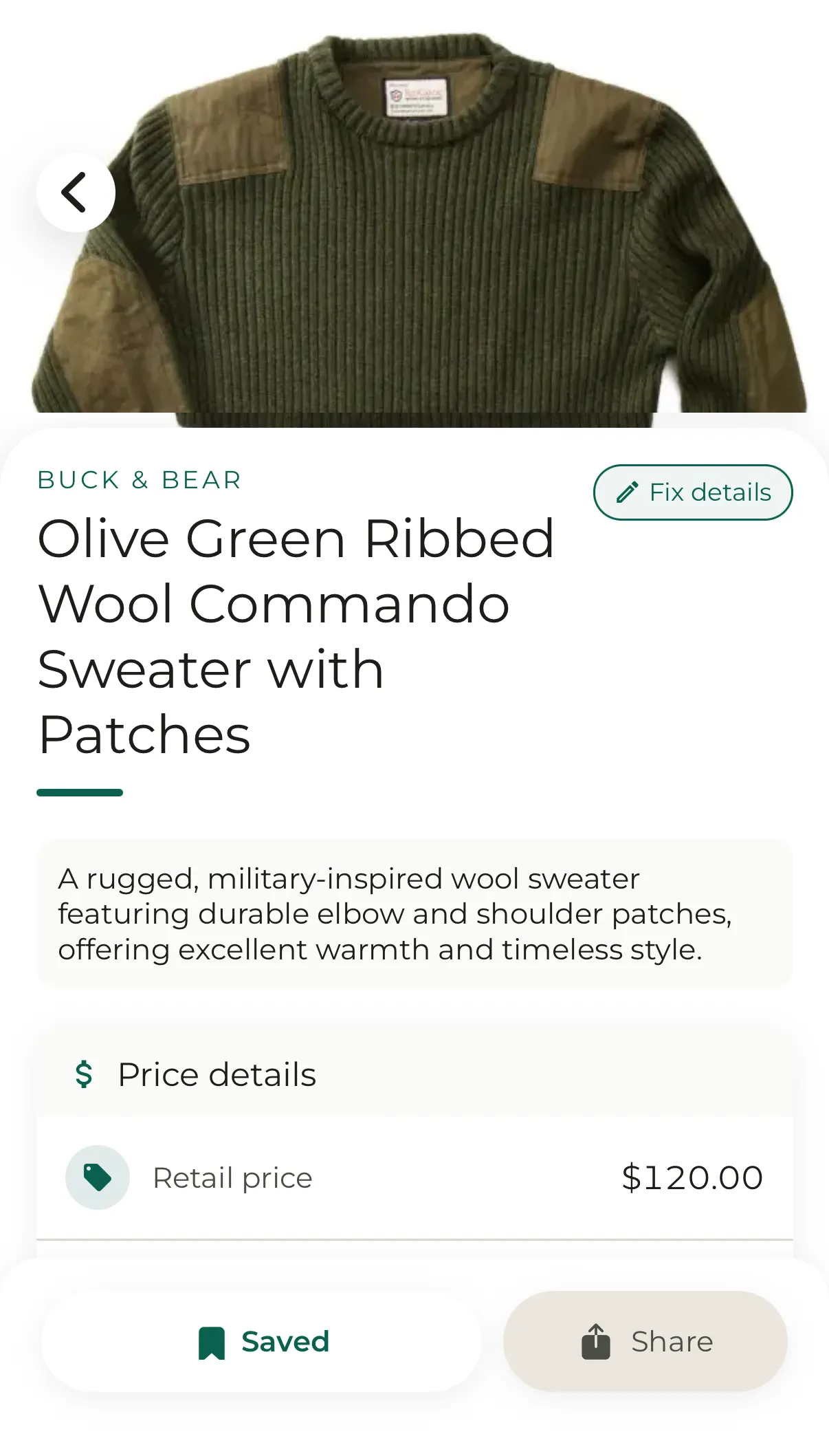 The ThriftWise find screen for an olive green ribbed wool commando sweater by Buck &amp; Bear, showing a written summary of the piece and a $120 retail price.