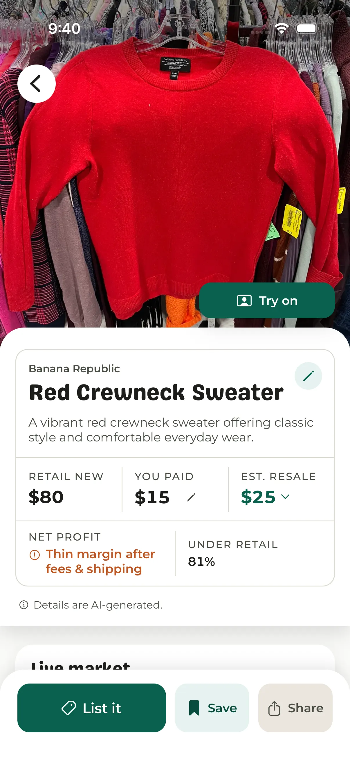 ThriftWise item detail for a red Banana Republic crewneck showing a retail-new estimate, an estimated resale value, the start of a Live market section, and a List it action.